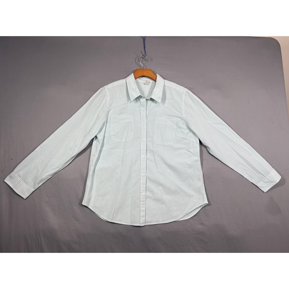 LL Bean Womens Large Seersucker Button Down Shirt Blue White Stripe Long Sleeve